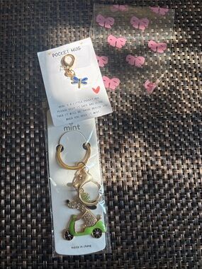 Mint bag Charm Keyring with Gold rhinestone dog Scooter & Blue Dragonfly Accents